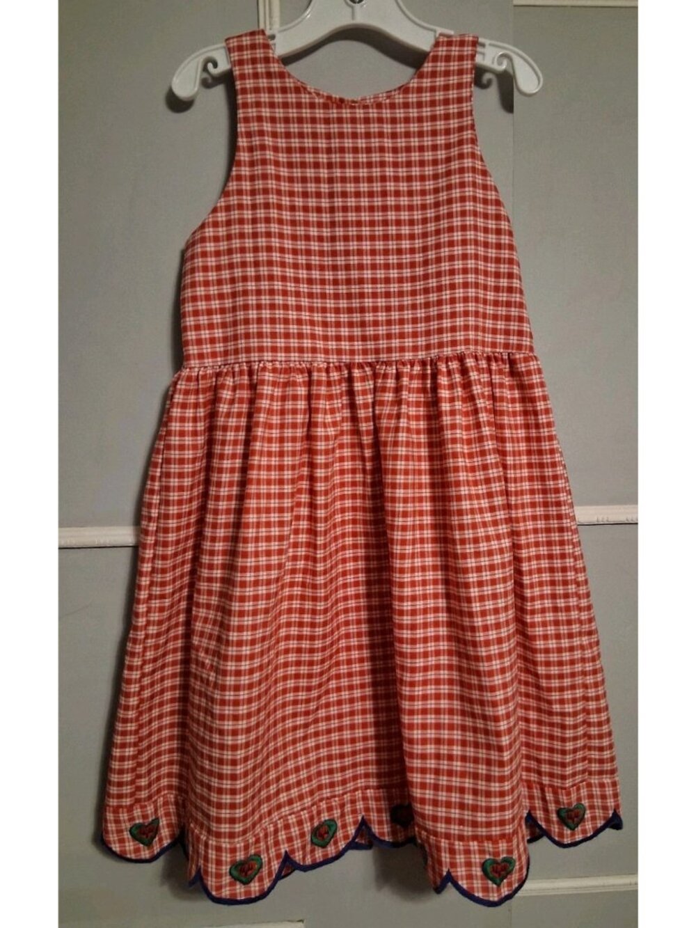 Vtg Hartstrings Red Gingham Sleeveless Dress Girls Size 6 Embroidered Hearts USA